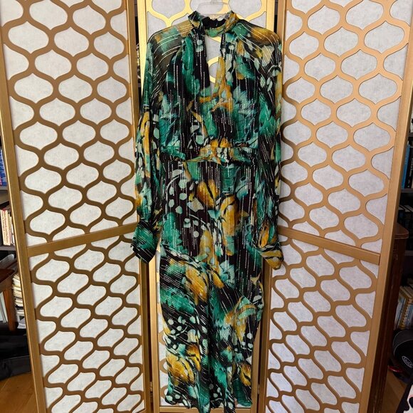 Karen Millen Size 10 NEW Green Metallic Iridescent Long Sleeve Column Midi Dress - Picture 4 of 16